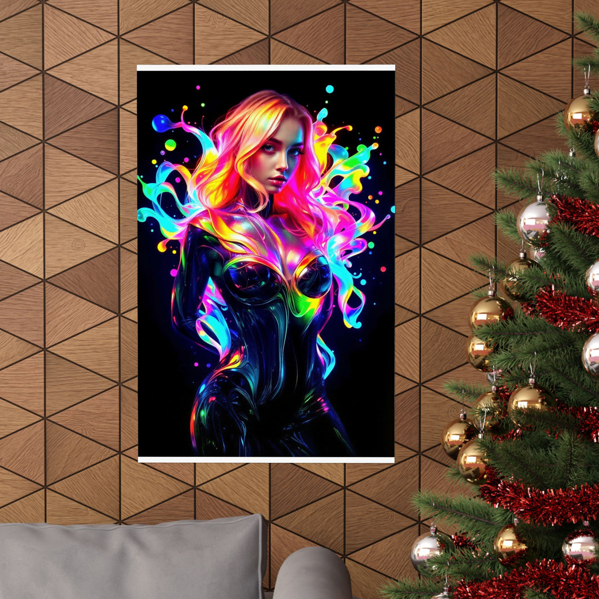 Neon Splash Rainbow Hair Woman Poster Matte Vertical Wall Art