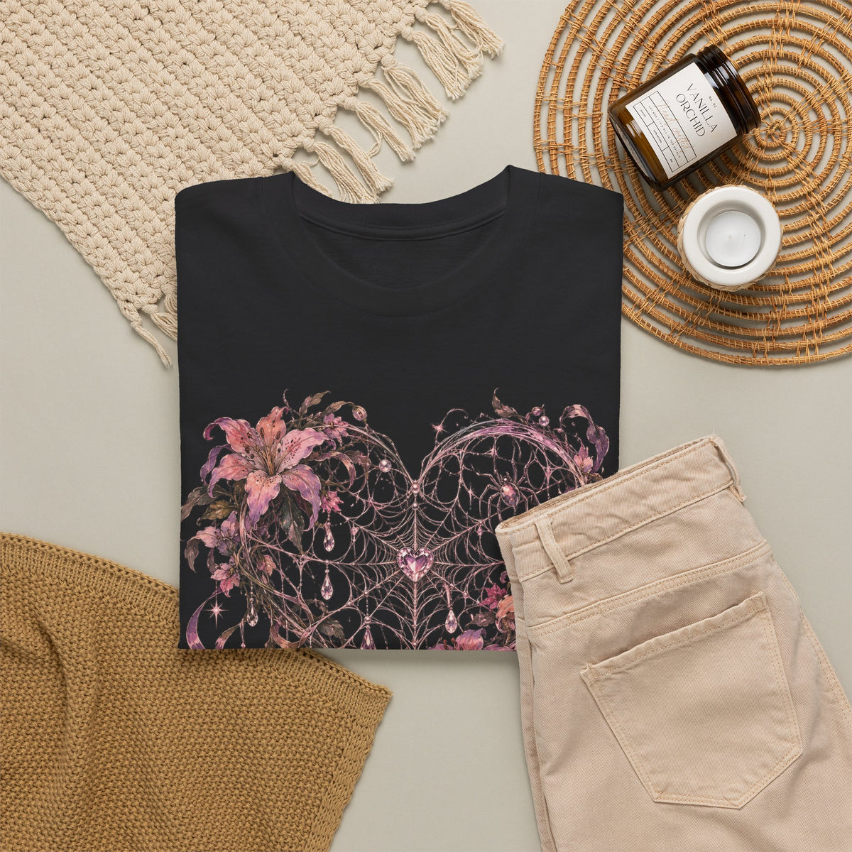 Gothic Spiderweb Heart T-Shirt Pink Lilies Crystal Pastel Goth Graphic Tee