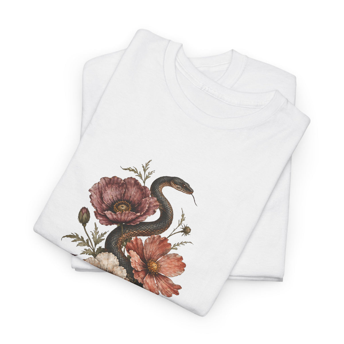 Snake and Poppies T-Shirt Vintage Botanical Serpent Flower Tattoo Style Tee