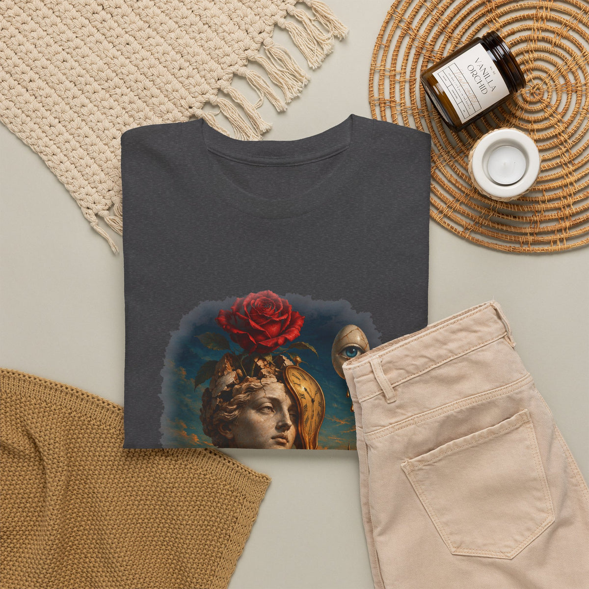 Surreal Rose Bust Melting Clock T-Shirt Dalí Style Desert Dream Tee