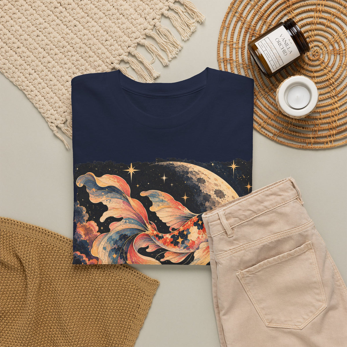 Koi Fish Moon T-Shirt Celestial Koi Night Sky Full Moon Graphic Tee Unisex