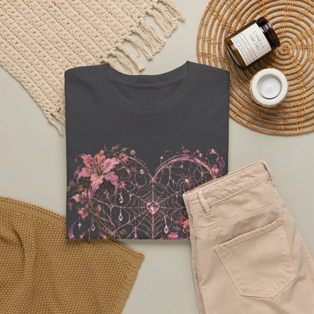 Gothic Spiderweb Heart T-Shirt Pink Lilies Crystal Pastel Goth Graphic Tee