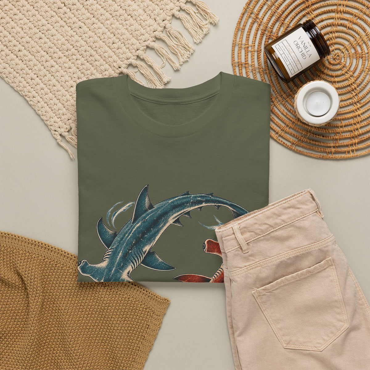 Twin Hammerhead Sharks T-Shirt Teal Orange Yin Yang Ocean Tee