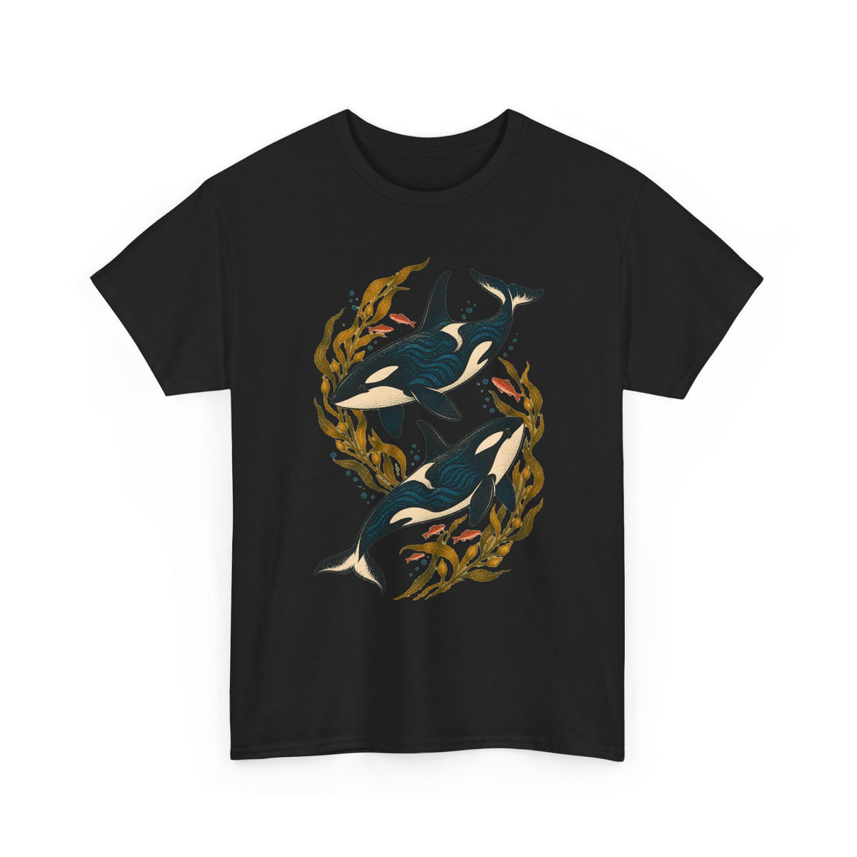 Orca Kelp Duo Tee Two Killer Whales Golden Kelp Forest Orange Fish Ocean Shirt