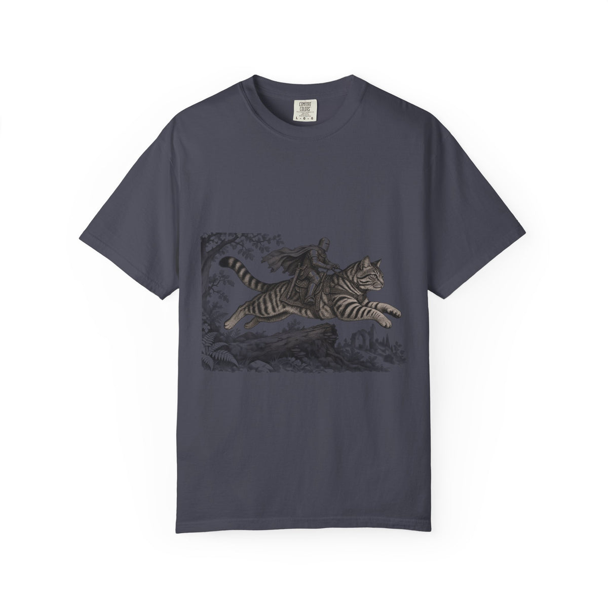 Medieval Knight Riding Leaping Tabby Cat Tee Dark Fantasy Moonlit Cat Shirt