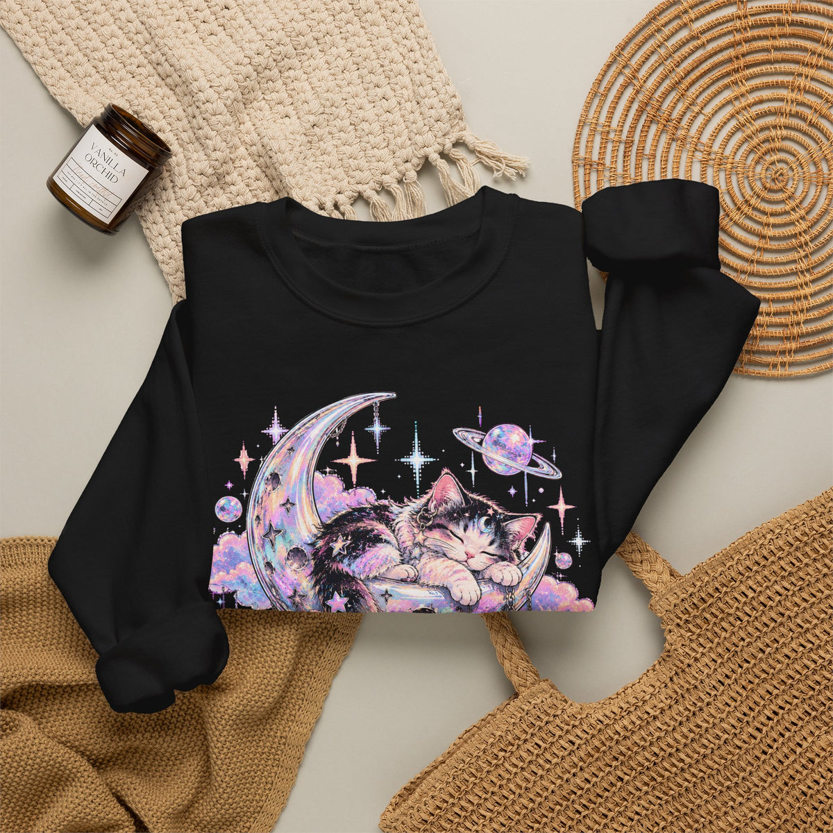 Sleeping Cat on Crescent Moon Sweatshirt Pastel Kawaii Celestial Kitten Crewneck