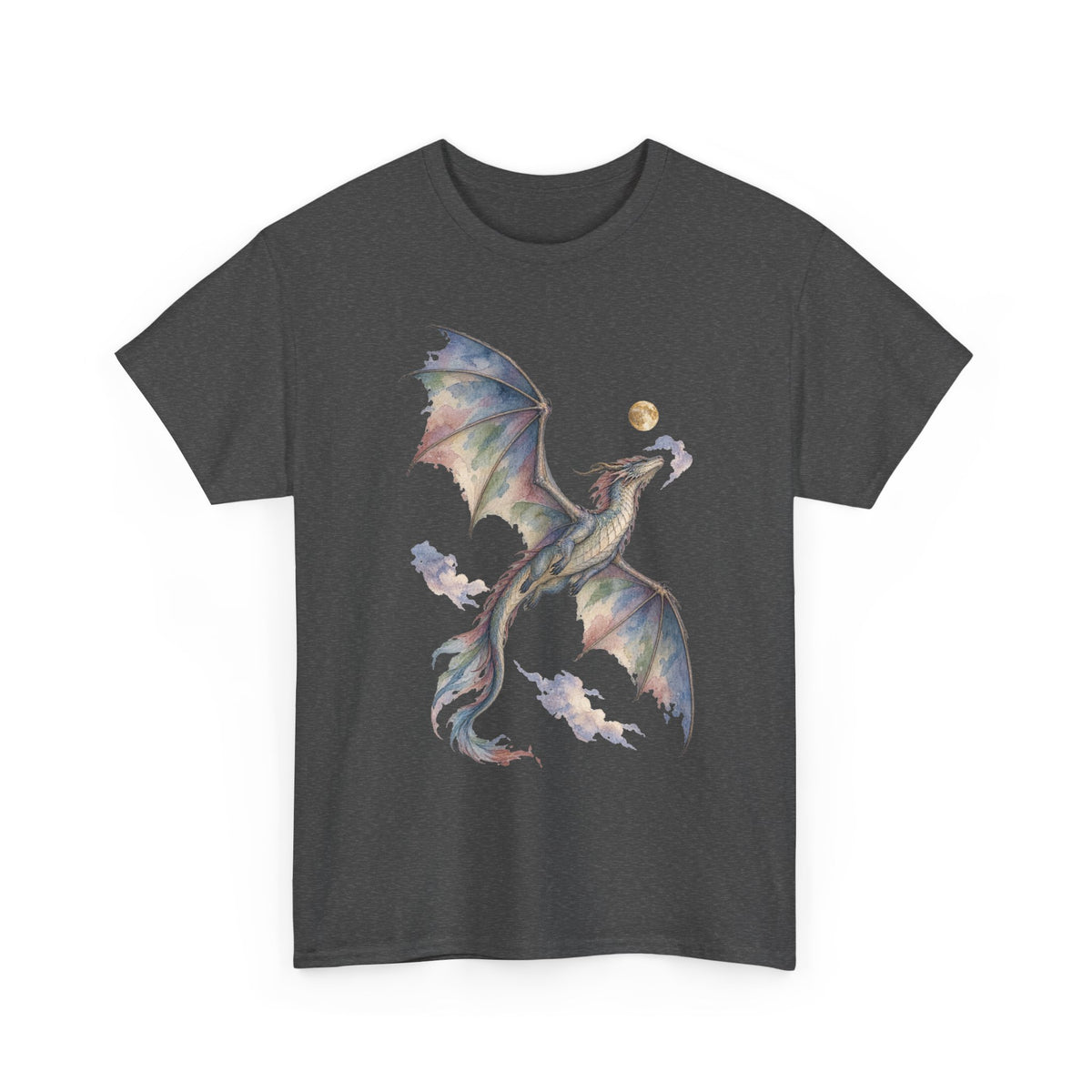 Watercolor Celestial Dragon Moon T-Shirt Fantasy Dragon Full Moon Clouds Dark Tee