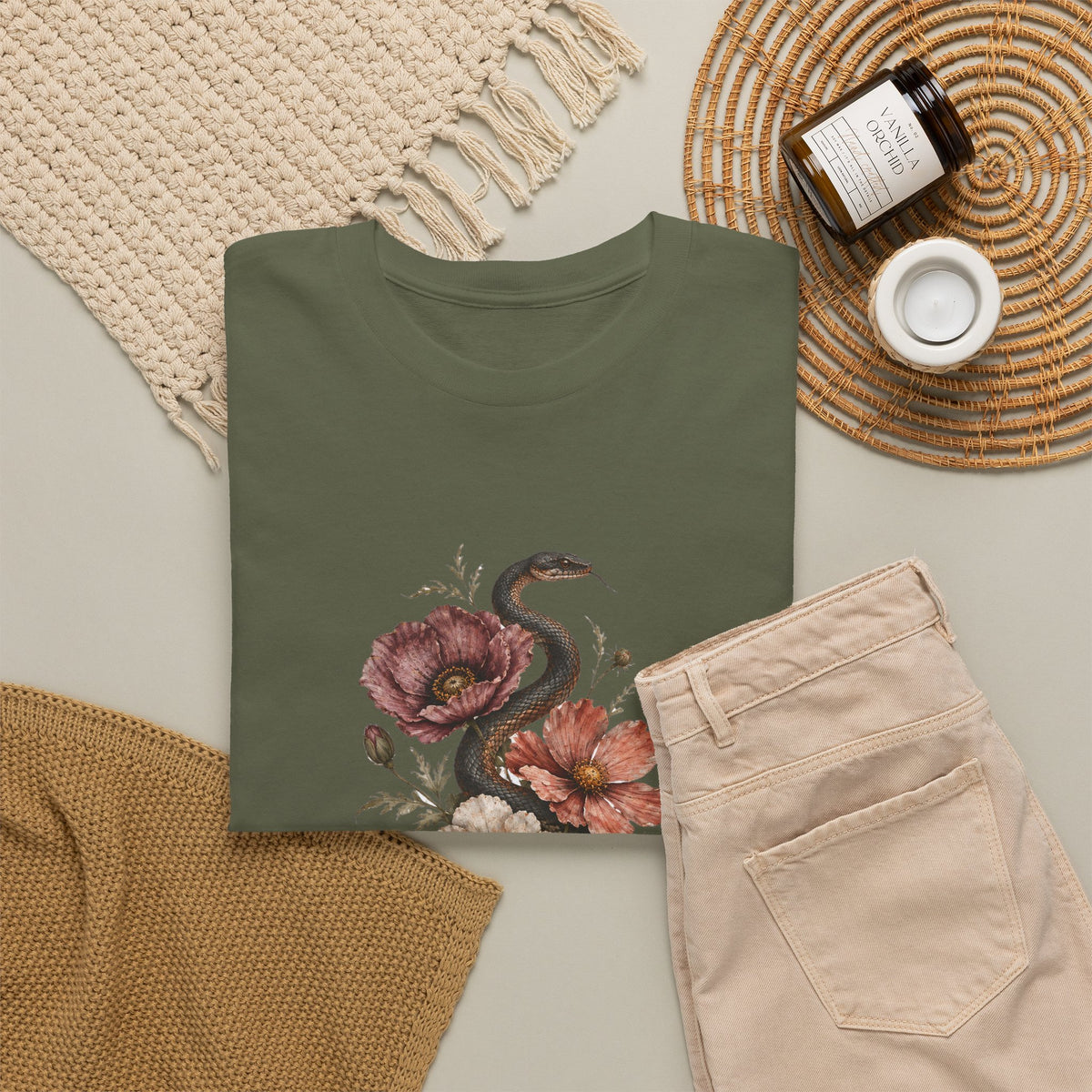Snake and Poppies T-Shirt Vintage Botanical Serpent Flower Tattoo Style Tee