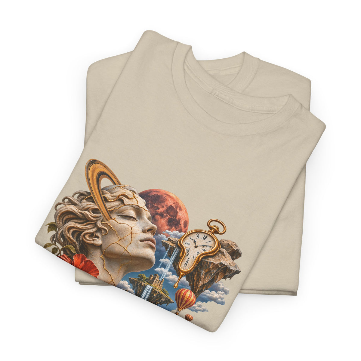 Surreal Kintsugi Bust T-Shirt Melting Clock Floating Islands Celestial Tee