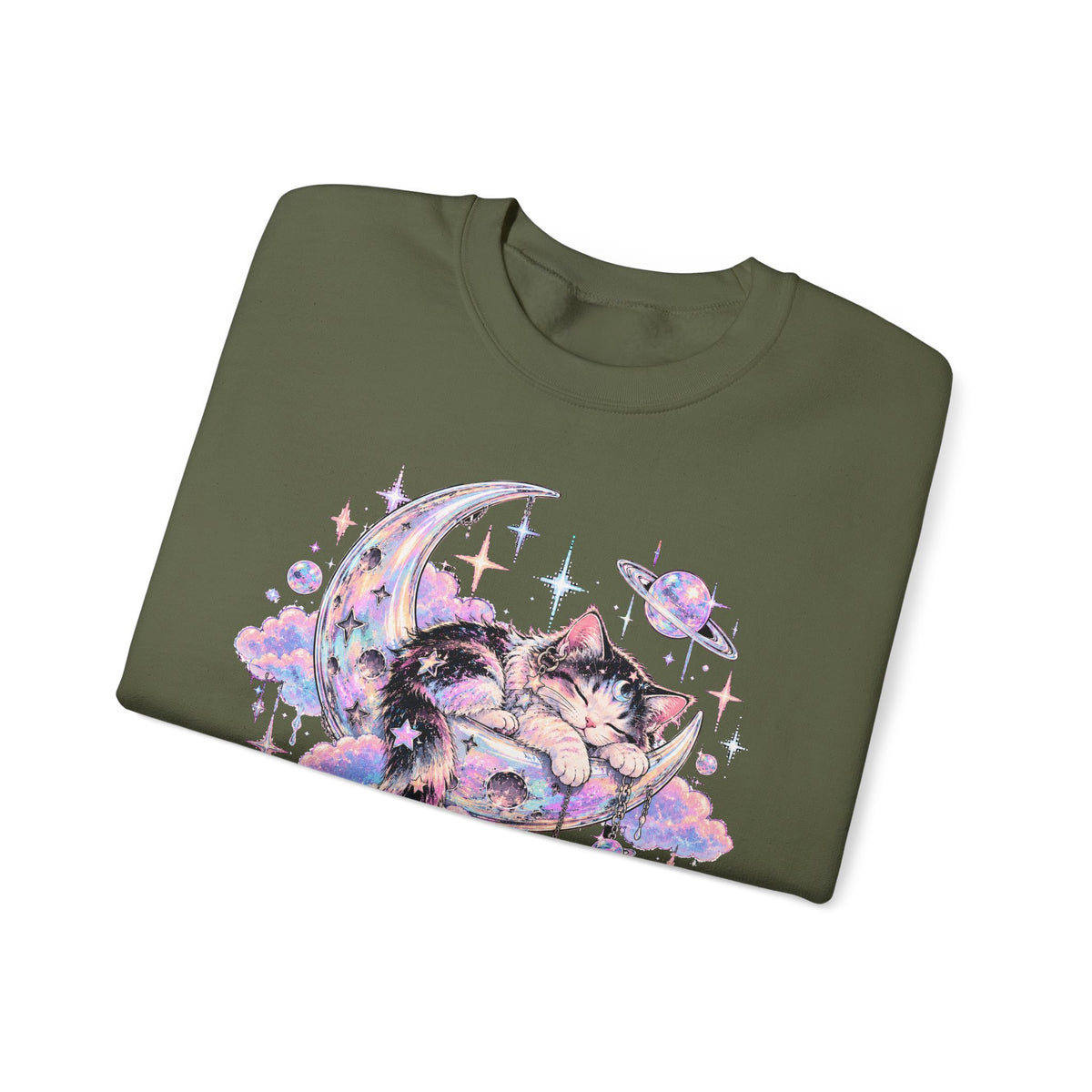Sleeping Cat on Crescent Moon Sweatshirt Pastel Kawaii Celestial Kitten Crewneck