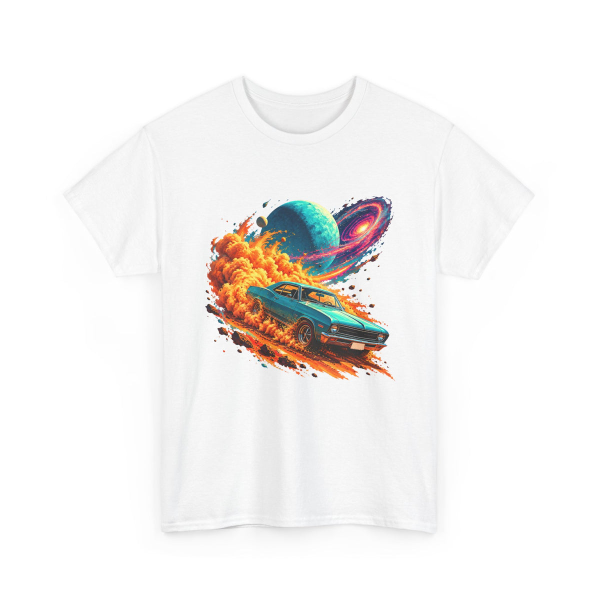 Cosmic Muscle Car Drift T-Shirt Teal Classic Car Orange Dust Planet Galaxy Art