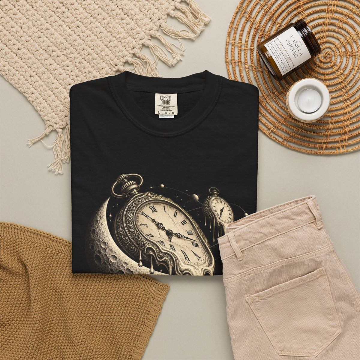 Melting Pocket Watch Crescent Moon Tee Surreal Celestial Time Shirt