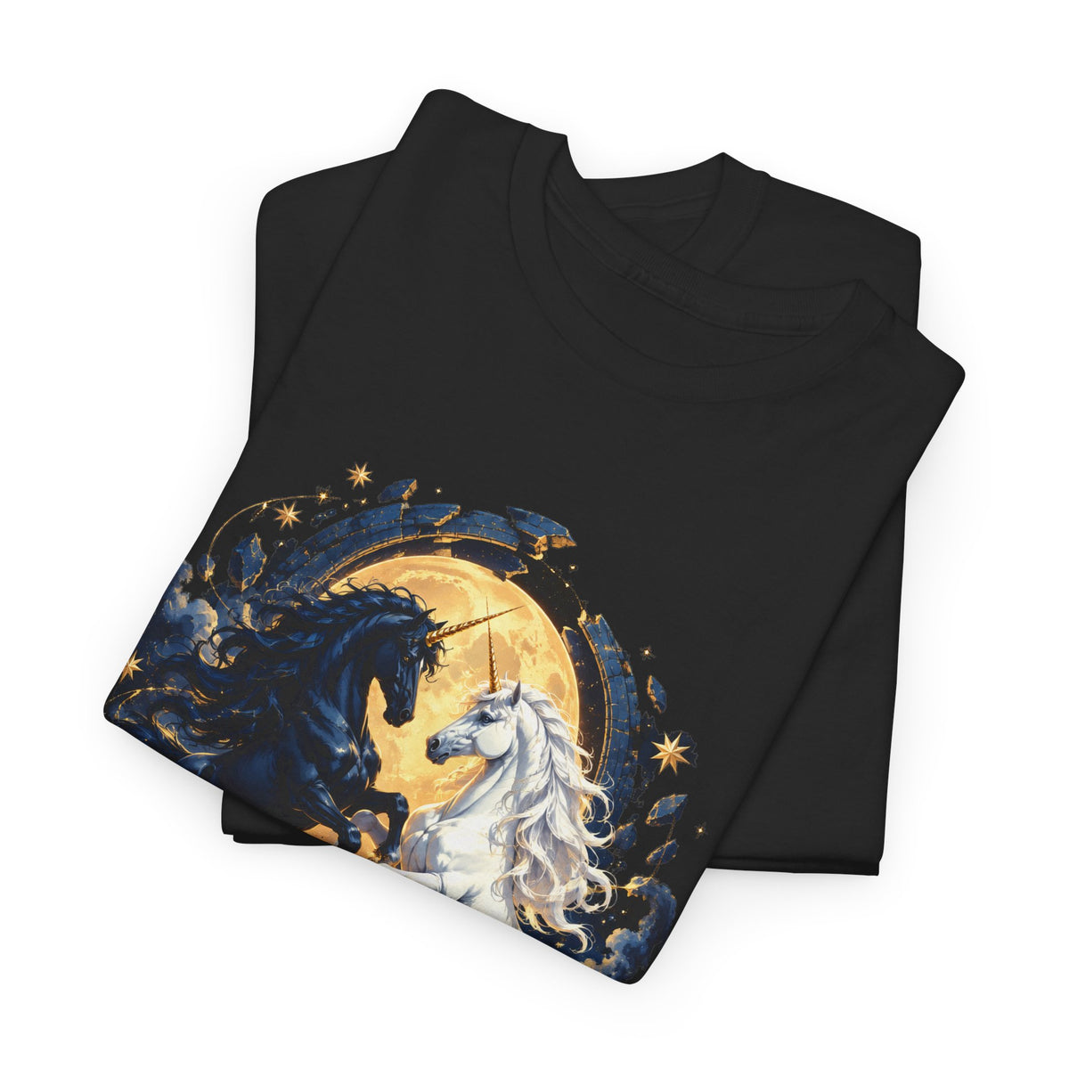 Black and White Unicorns T-Shirt Gold Moon Fantasy Unicorn Art