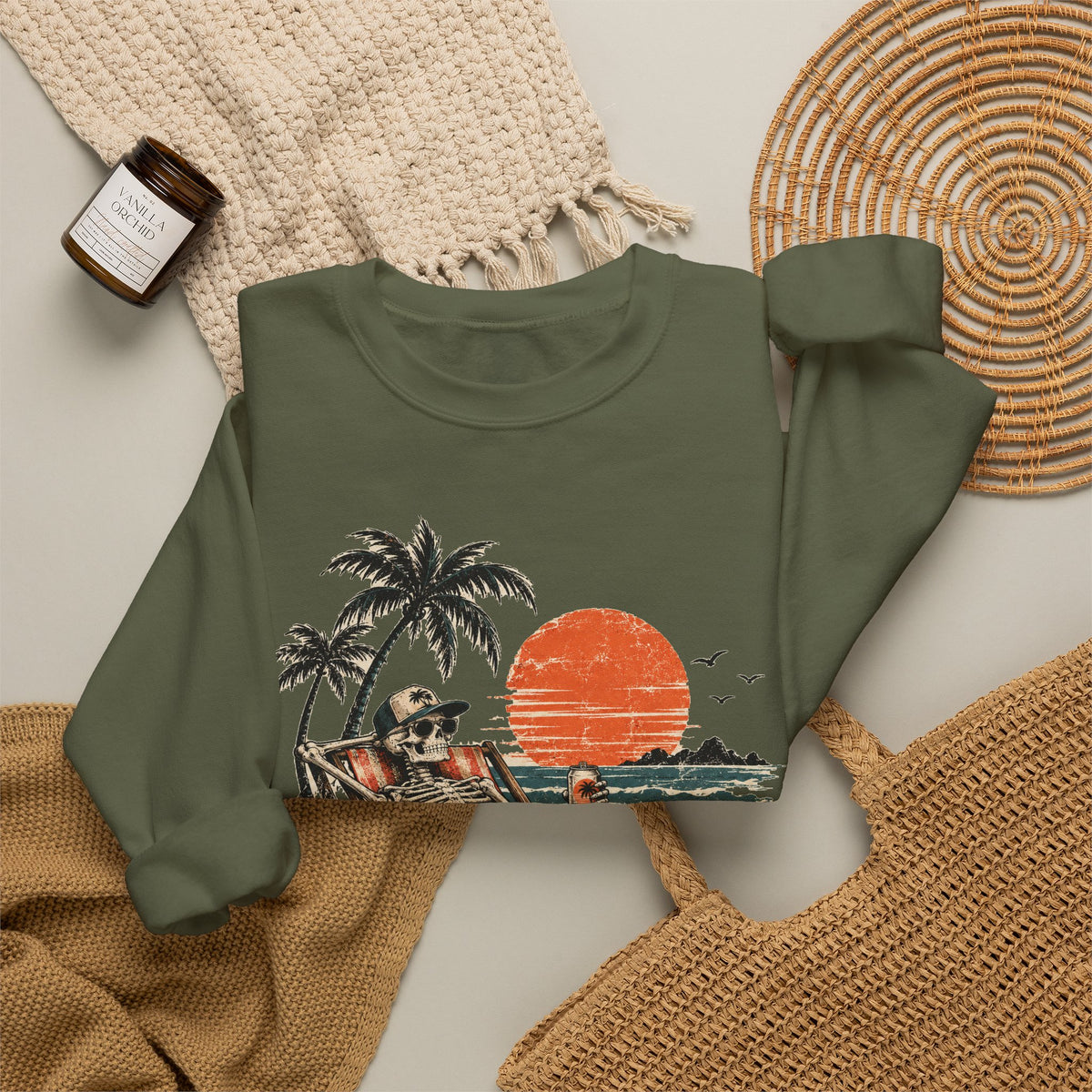 Beach Skeleton Sunset Sweatshirt Palm Trees Vacation Mode Skeleton Crewneck