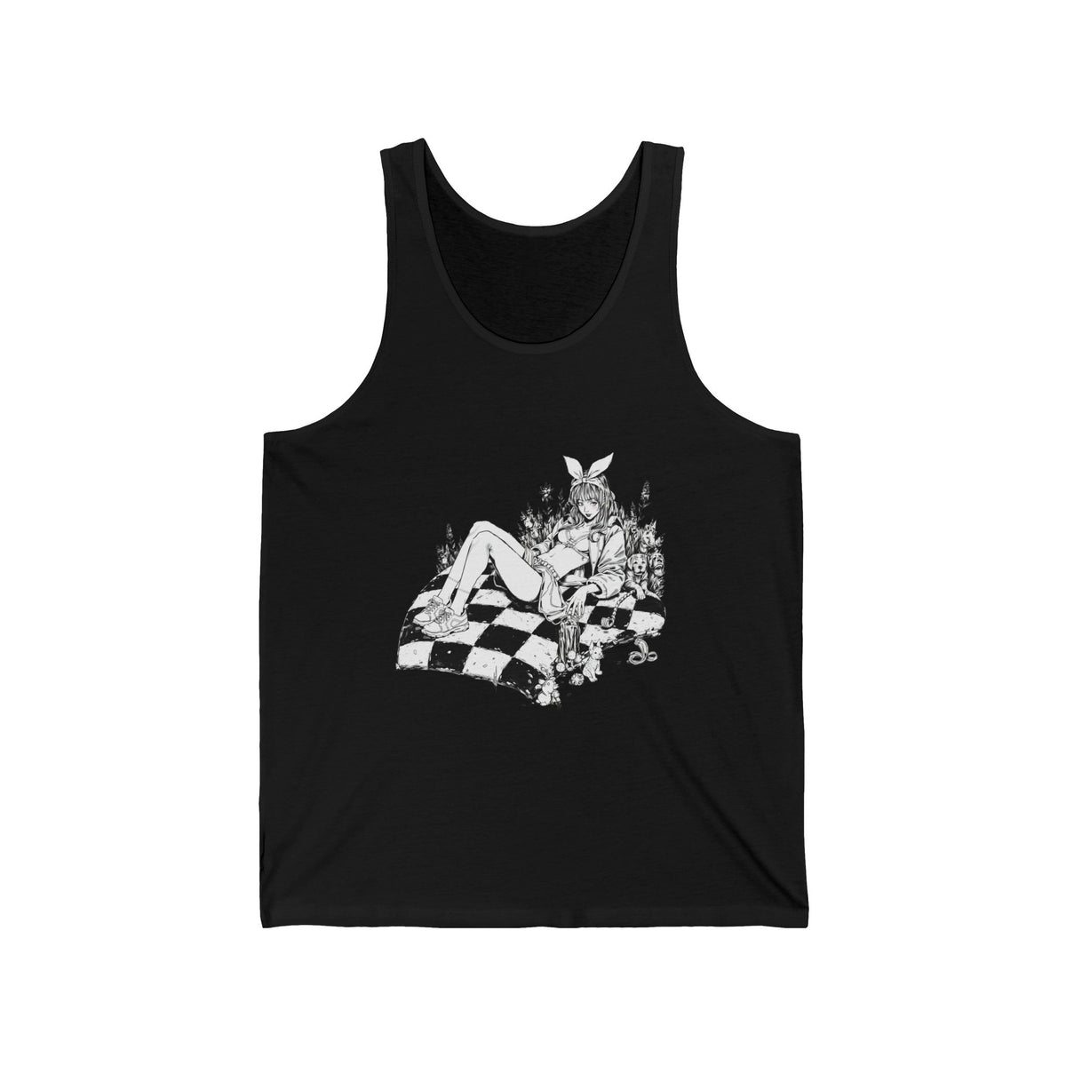 Bunny Girl Chessboard Line Art Graphic Tank Top Unisex Jersey Tank