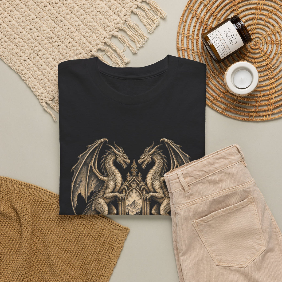 Twin Dragons Gate T-Shirt Fantasy Mountain Portal Dragon Tee