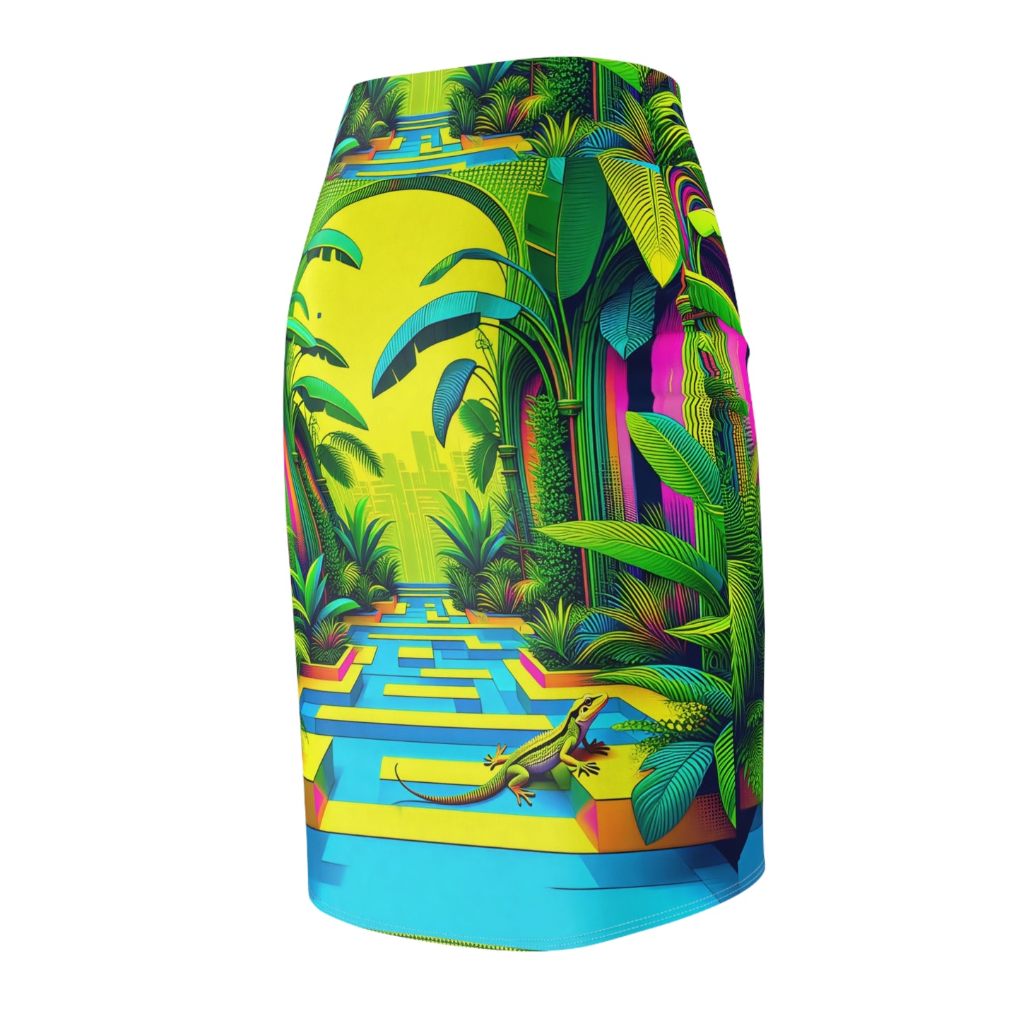 Pencil Skirt - Tropical Plants and Lizard Print