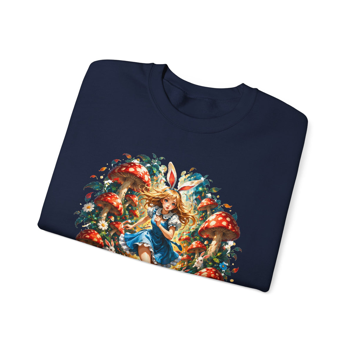 Wonderland Bunny Girl Sweatshirt Red Mushroom White Rabbit Fairytale Forest Crewneck