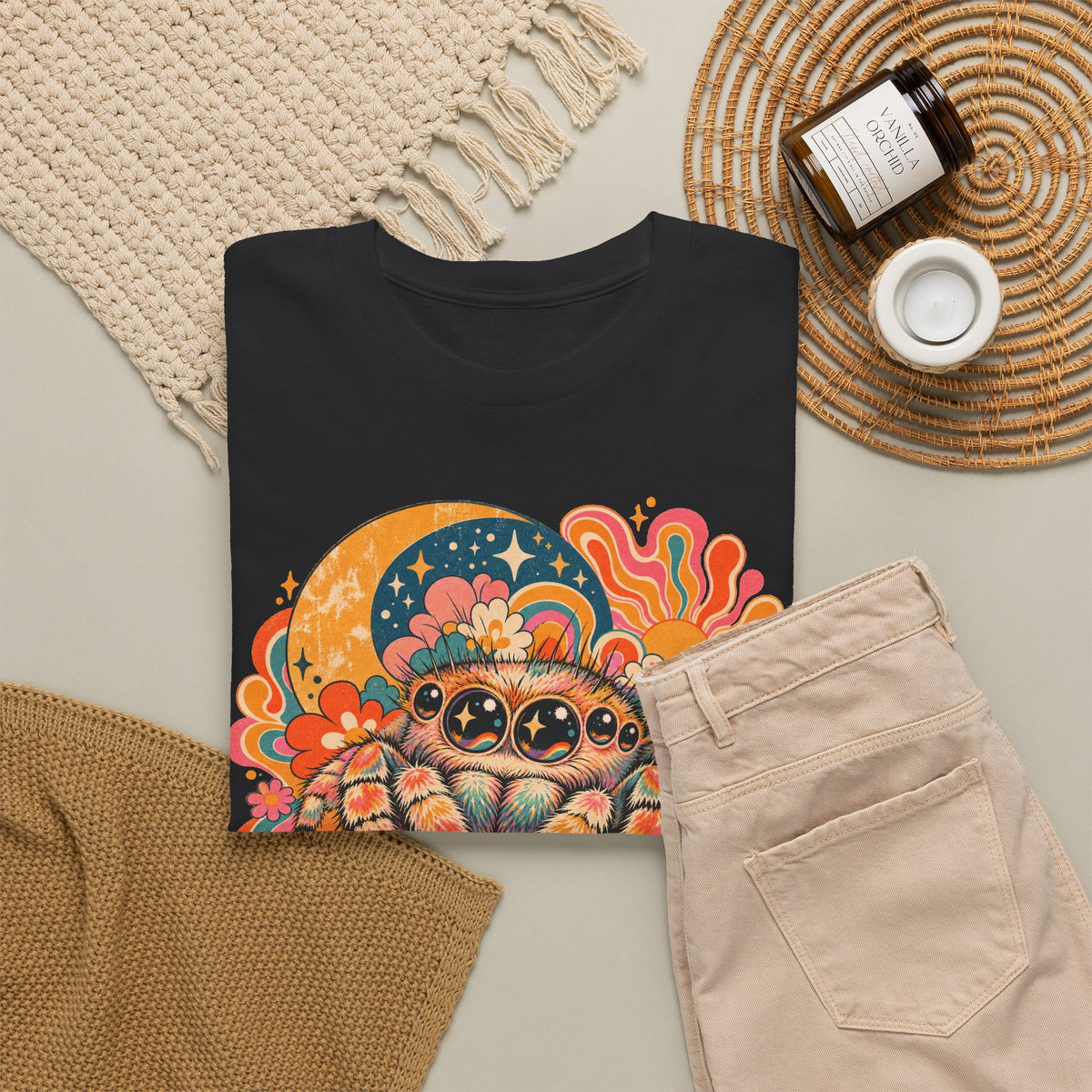Groovy Jumping Spider T-Shirt Retro 70s Flowers Creepy Cute Tee