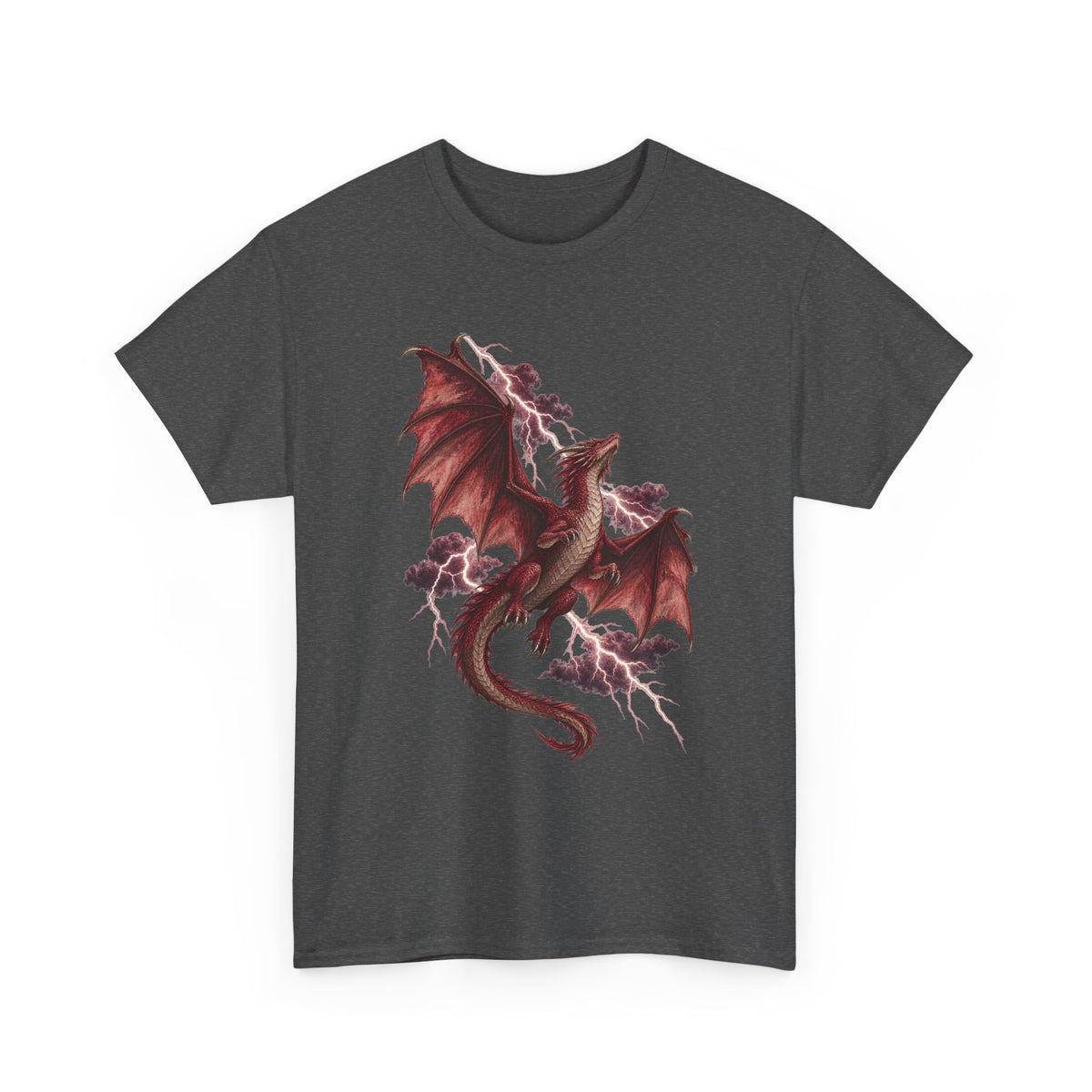 Red Lightning Storm Dragon T-Shirt Crimson Dragon Pink Lightning Purple Storm Clouds Fantasy Tee