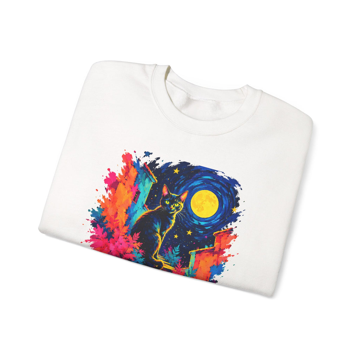 Black Cat on Moonlit Stairs Sweatshirt Swirling Night Sky Yellow Moon Colorful Cat Art Crewneck