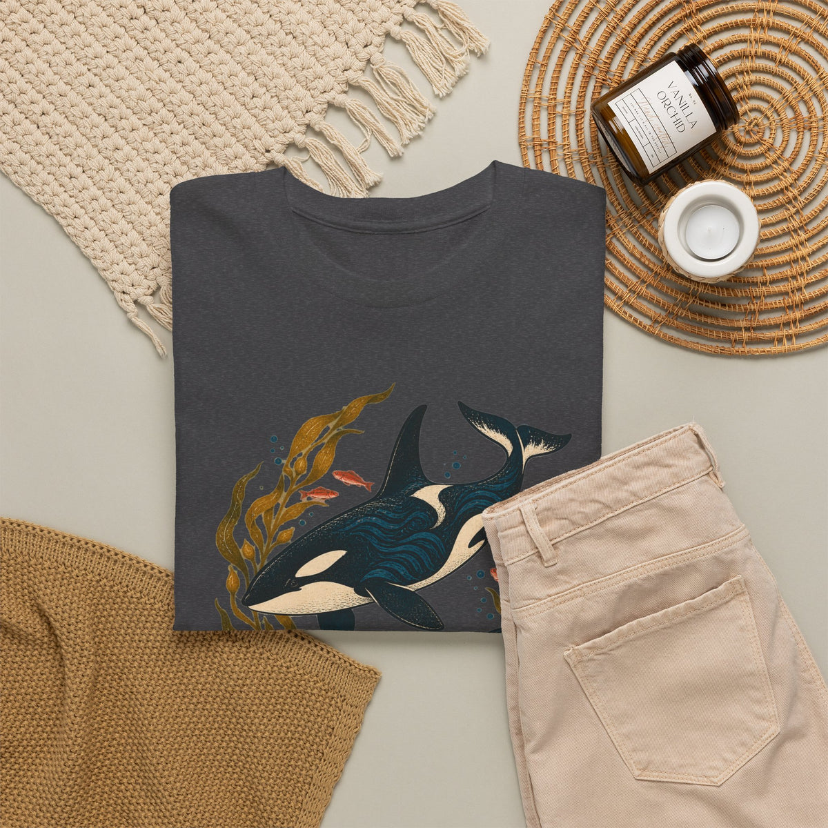 Orca Kelp Duo Tee Two Killer Whales Golden Kelp Forest Orange Fish Ocean Shirt