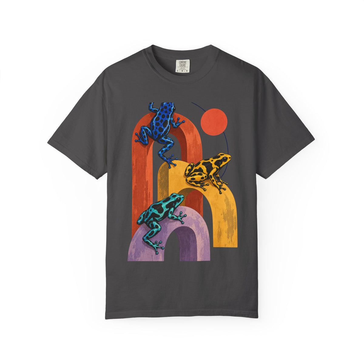 Poison Dart Frogs Colorful Arches Red Sun Tee Midcentury Geometric Frog Wildlife Shirt