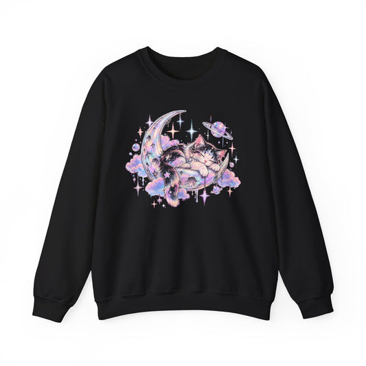 Sleeping Cat on Crescent Moon Sweatshirt Pastel Kawaii Celestial Kitten Crewneck