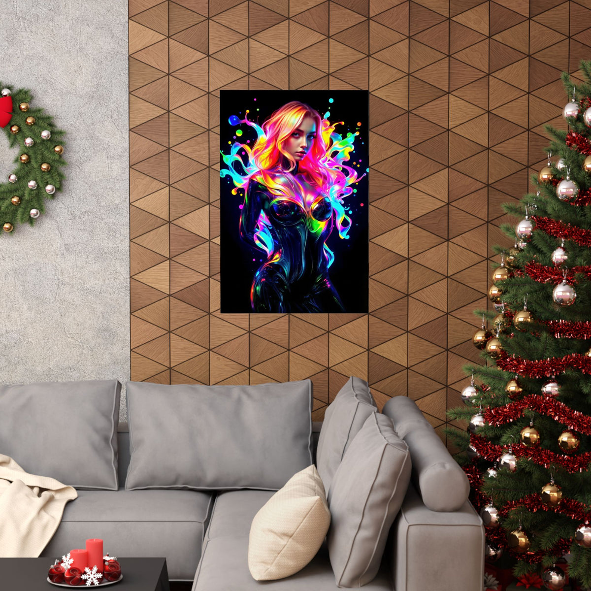 Neon Splash Rainbow Hair Woman Poster Matte Vertical Wall Art