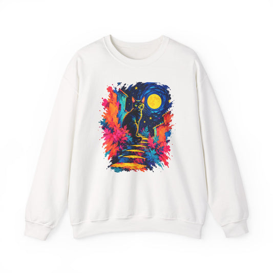 Black Cat on Moonlit Stairs Sweatshirt Swirling Night Sky Yellow Moon Colorful Cat Art Crewneck