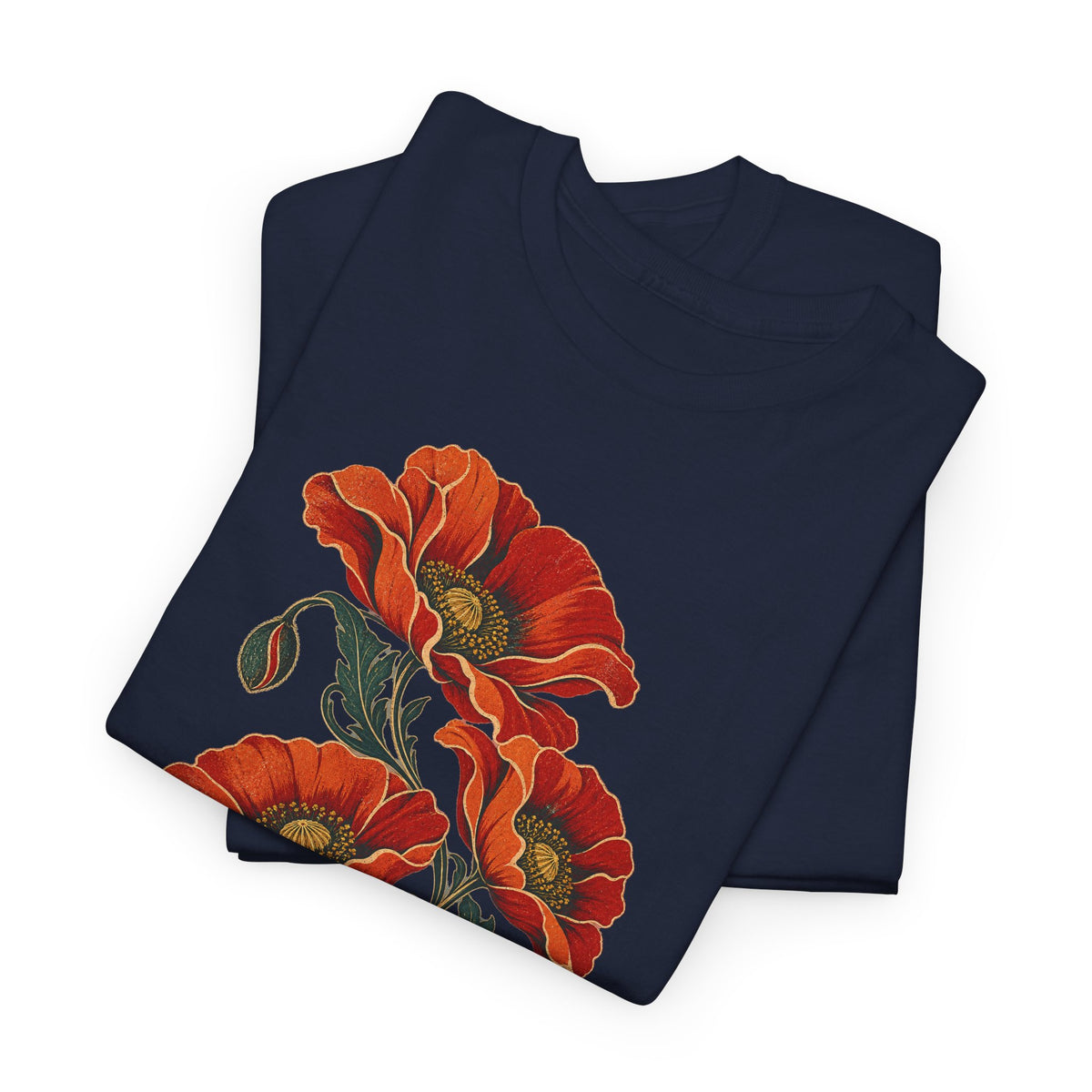 Orange Poppies Botanical T-Shirt Gold Outline Vintage Floral Tee