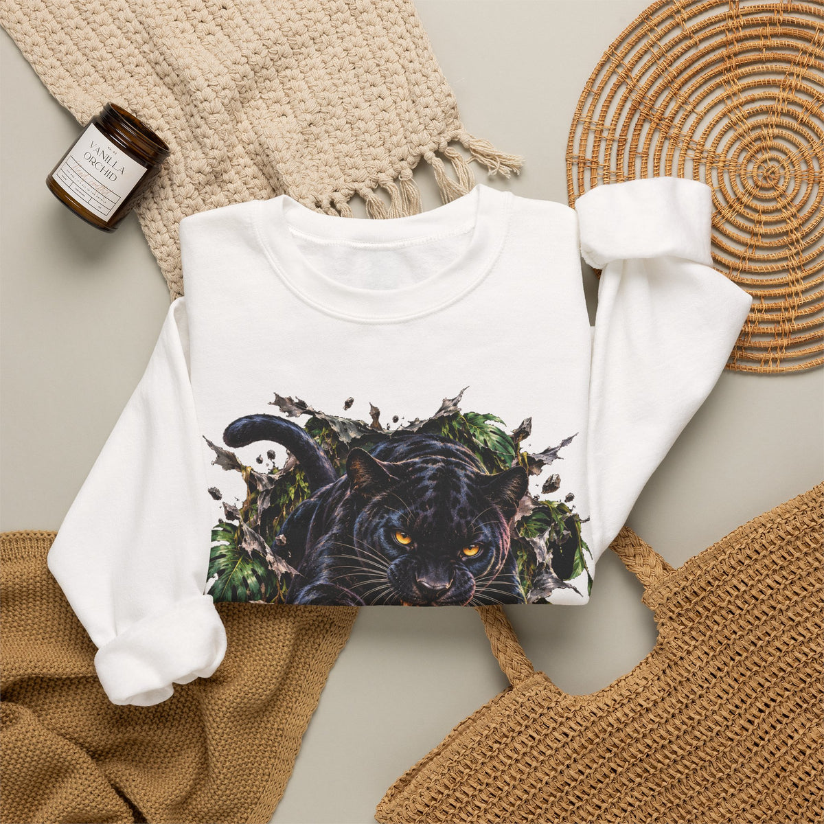 Black Jaguar Sweatshirt Snarling Big Cat Jungle Leaves Crewneck