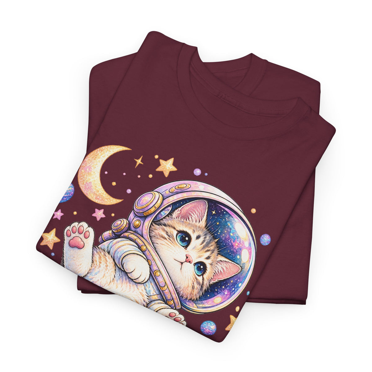 Astronaut Kitten T-Shirt, Cute Pastel Space Cat Helmet Moon Planets Stars Graphic Tee Unisex