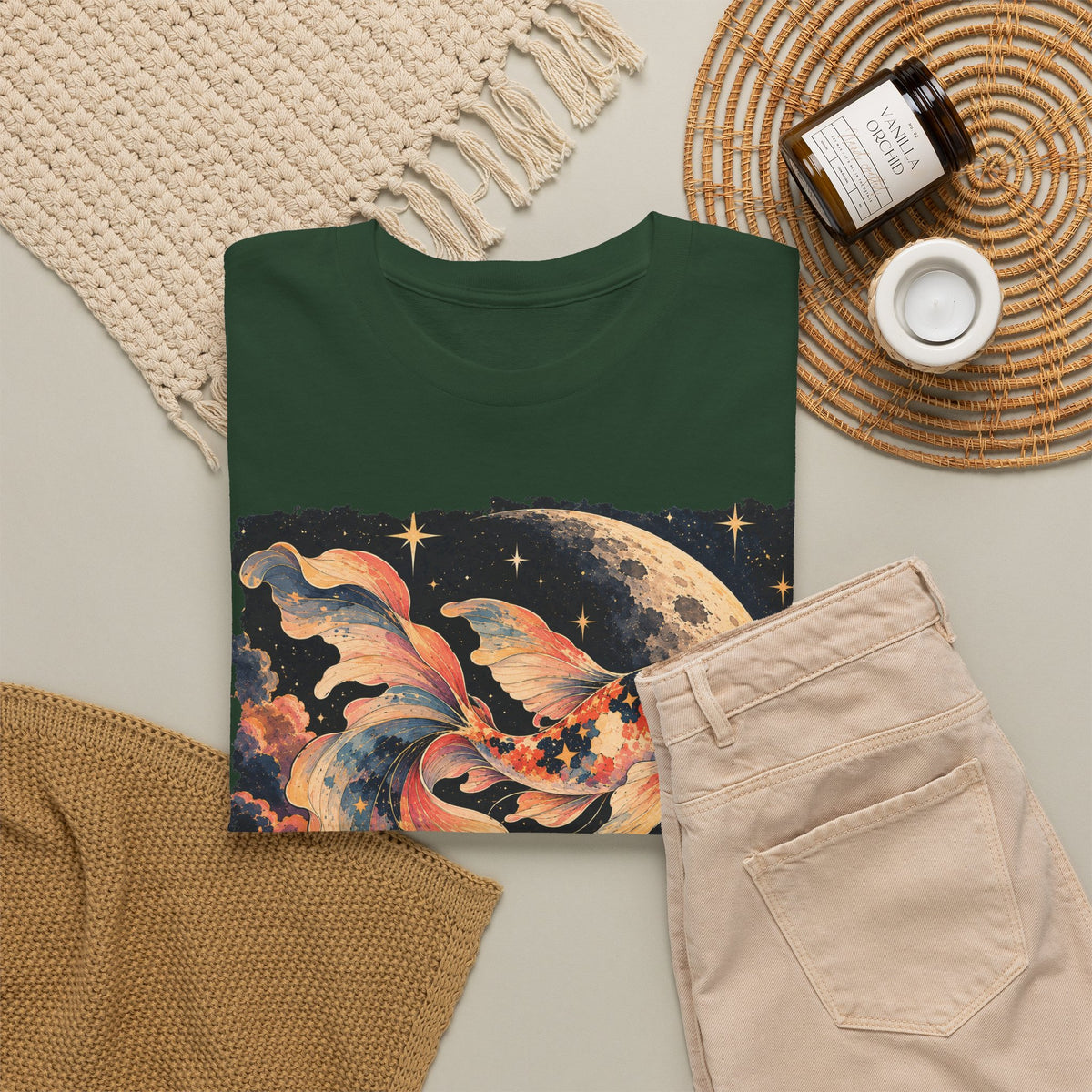 Koi Fish Moon T-Shirt Celestial Koi Night Sky Full Moon Graphic Tee Unisex