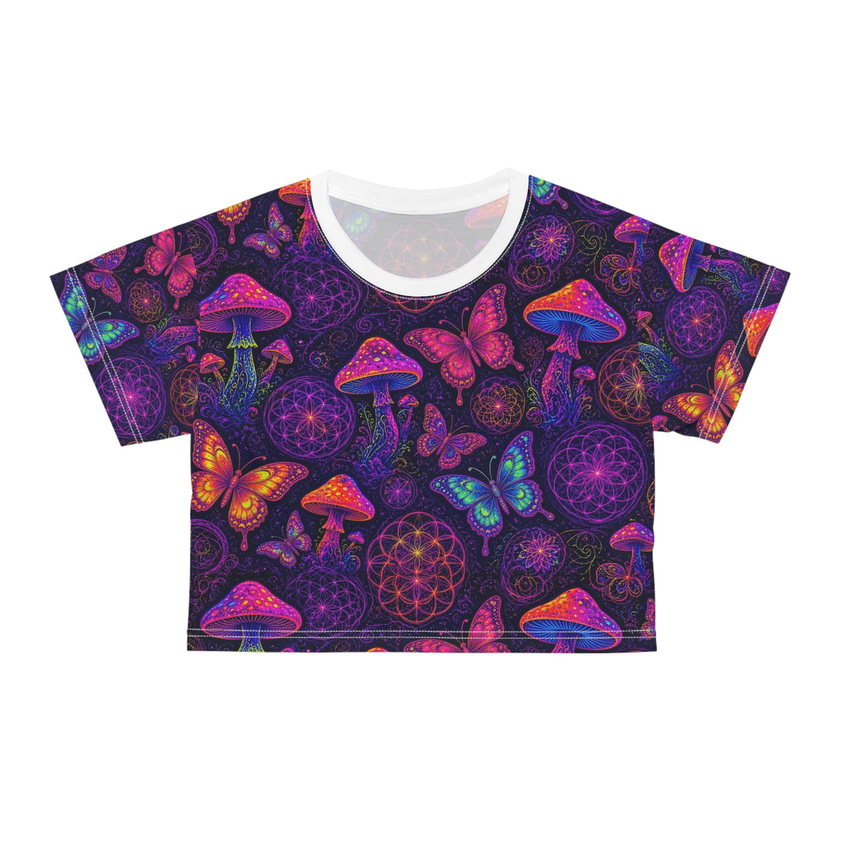 Neon Mushroom Butterfly Sacred Geometry Rave Crop Top Women Psychedelic EDM