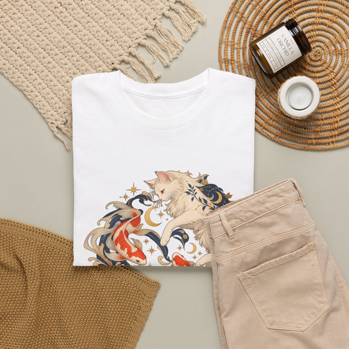 White Cat Koi Celestial T-Shirt Yin Yang Floral Cat Fish Tee