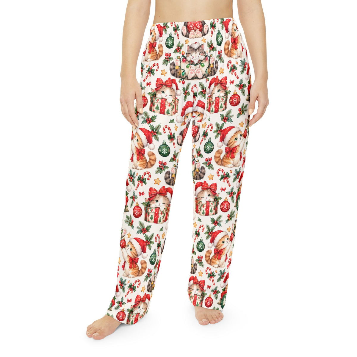 Christmas Cat Pajama Pants Women Santa Kitten Holiday Lounge Pants