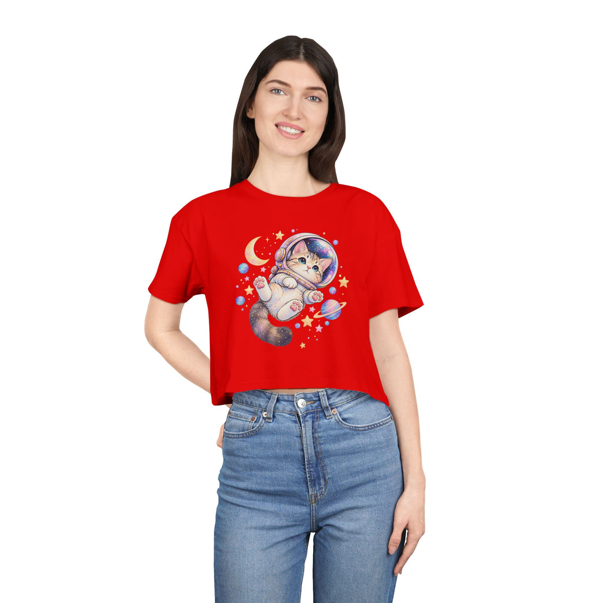 Astronaut Kitten Crop Tee, Cute Pastel Space Cat Helmet Moon Planets Stars Kawaii Women's Cropped T-Shirt