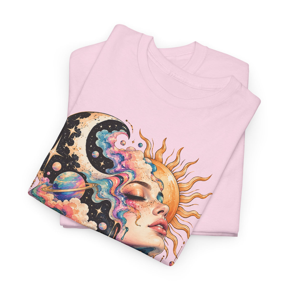 Celestial Sun and Moon Woman T-Shirt, Pastel Cloud Hair Melting Drip Planets Stars Graphic Tee Unisex