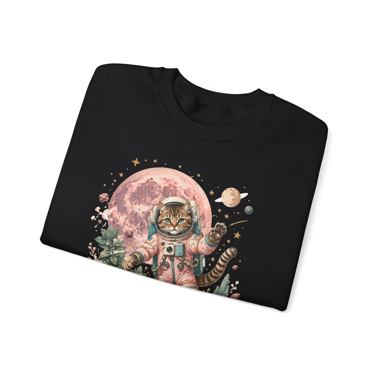 Tabby Cat Astronaut Sweatshirt Pastel Pink Moon Space Cat Waving Crewneck