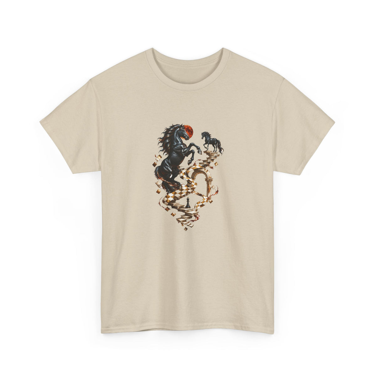 Surreal Black Horses Chess Fantasy T-Shirt Rearing Stallions Stairs Moon Tee
