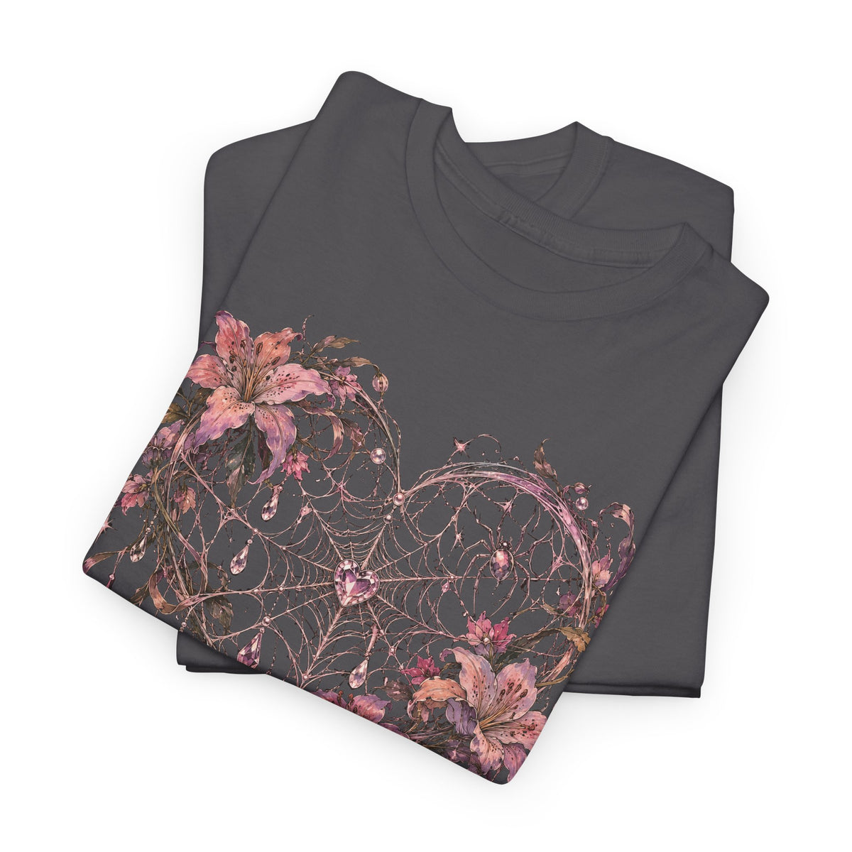 Gothic Spiderweb Heart T-Shirt Pink Lilies Crystal Pastel Goth Graphic Tee