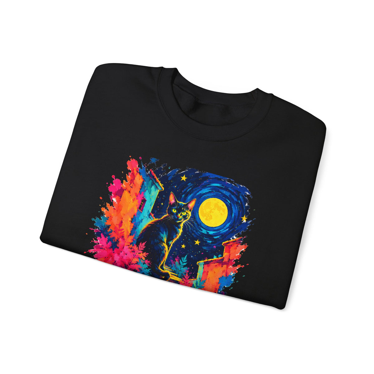 Black Cat on Moonlit Stairs Sweatshirt Swirling Night Sky Yellow Moon Colorful Cat Art Crewneck