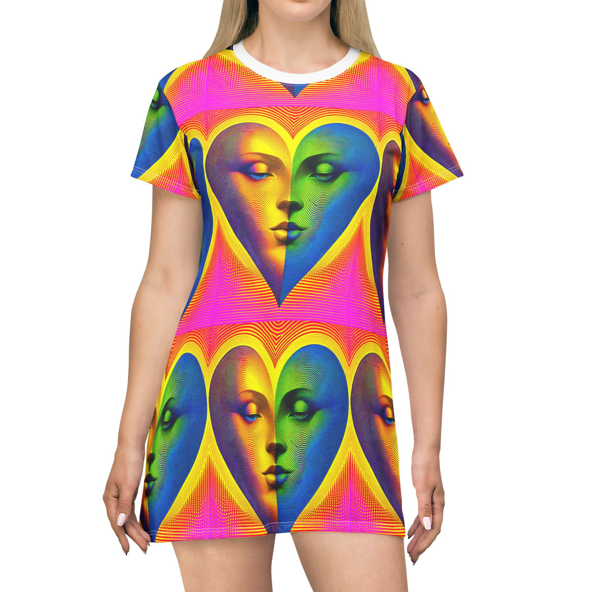 Surreal Heart Faces Pop Art Womens T Shirt Dress Colorful