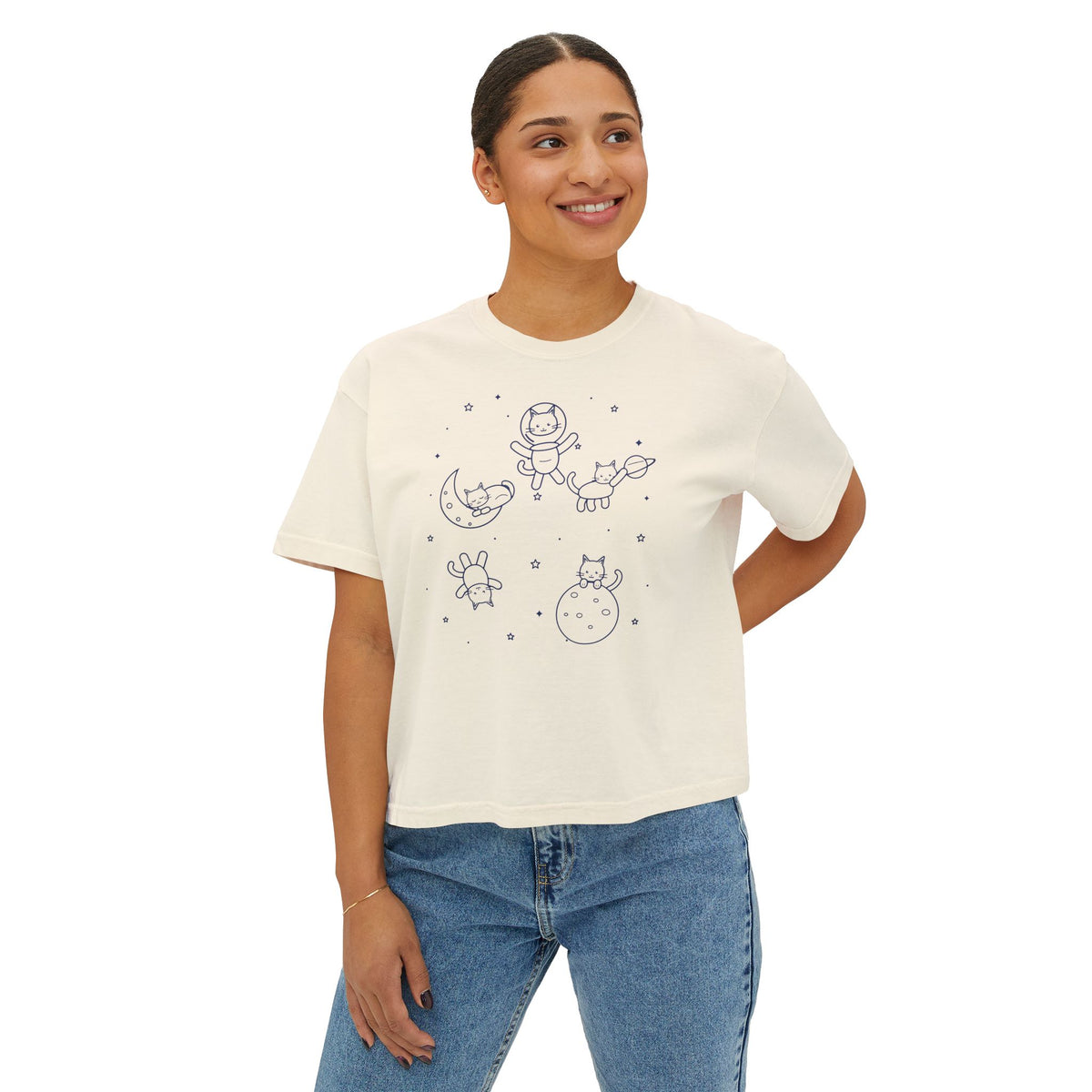 Womens Aesthetic Cats in Space T-Shirt Navy Line Art Astronaut Kitty Boxy Tee
