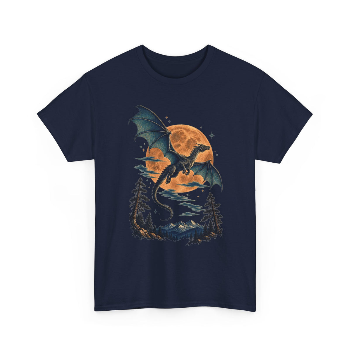Dragon Full Moon Pine Forest T-Shirt Woodcut Fantasy Dragon Orange Moon Mountains Tee