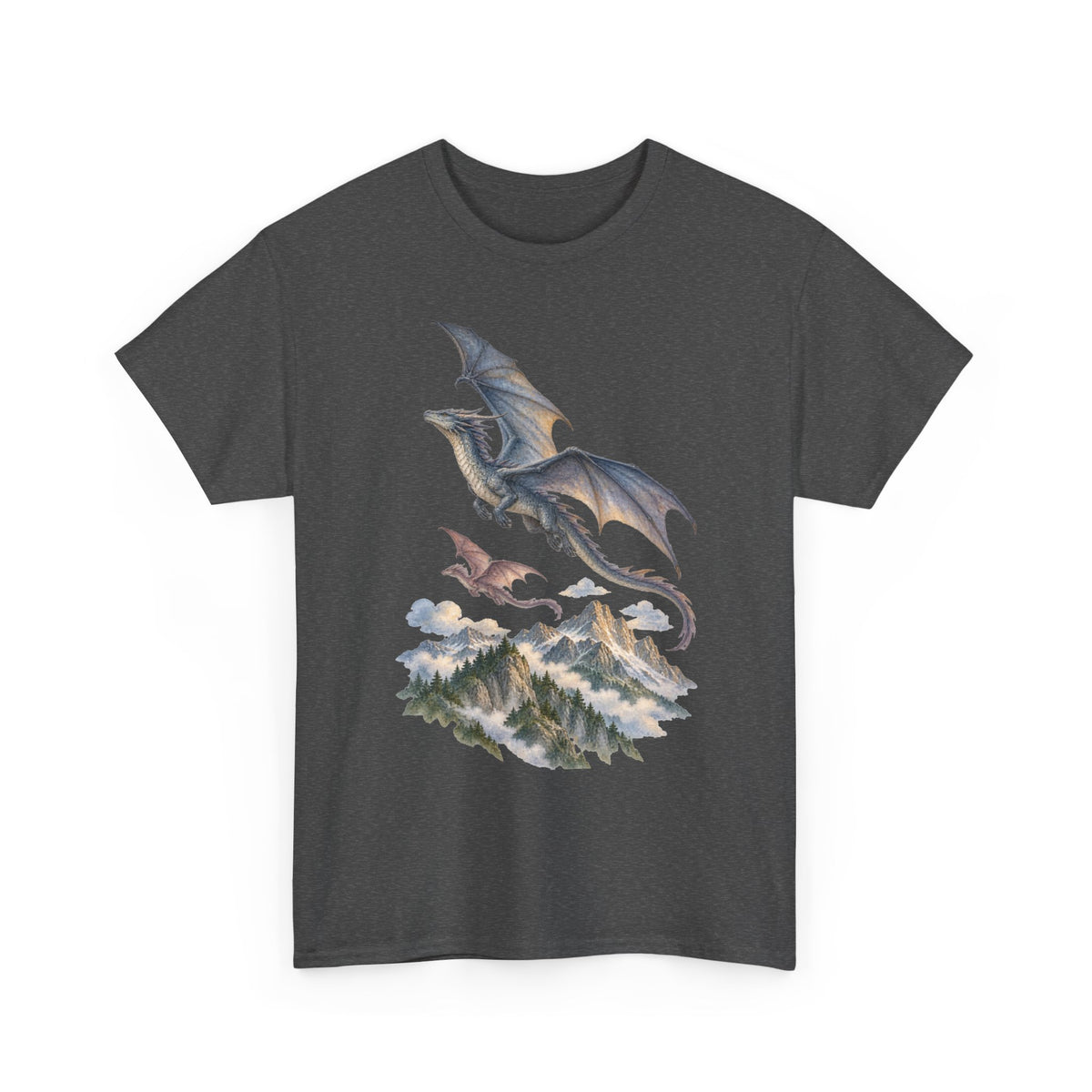 Twin Dragons Mountain Flight T-Shirt Fantasy Dragons Snowy Mountains Pine Forest Tee