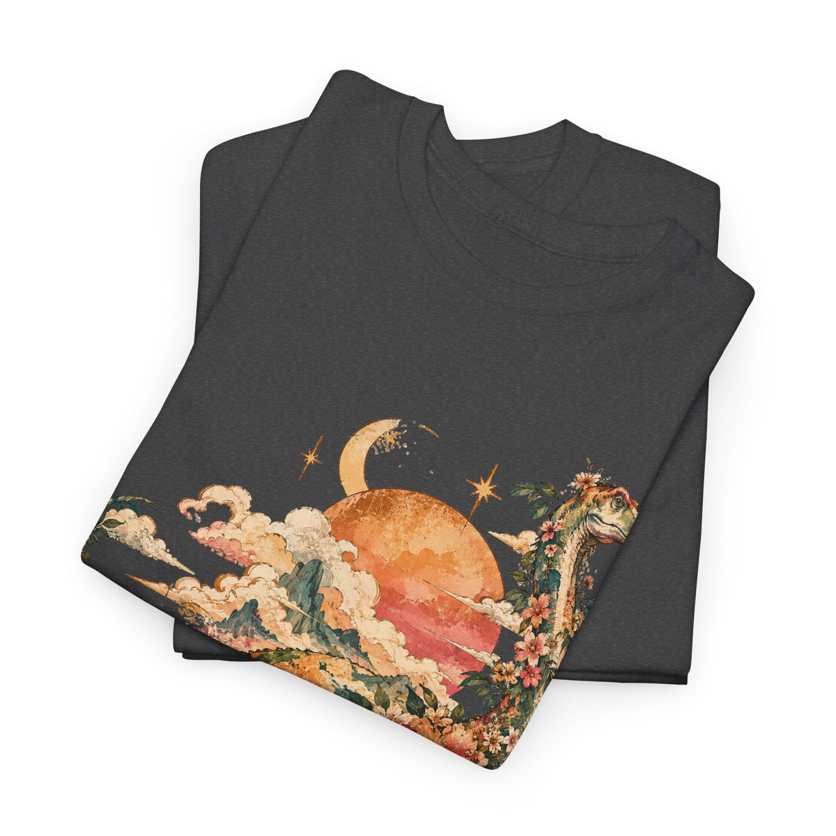 Floral Dinosaur T-Shirt, Vintage Brontosaurus Sunset Mountains Graphic Tee Unisex Nature Shirt