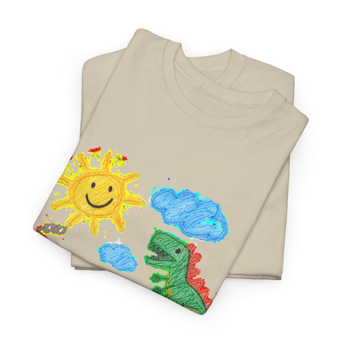 Kids Crayon Drawing T-Shirt Dinosaur Dog Sun House Cute Childlike Art Tee