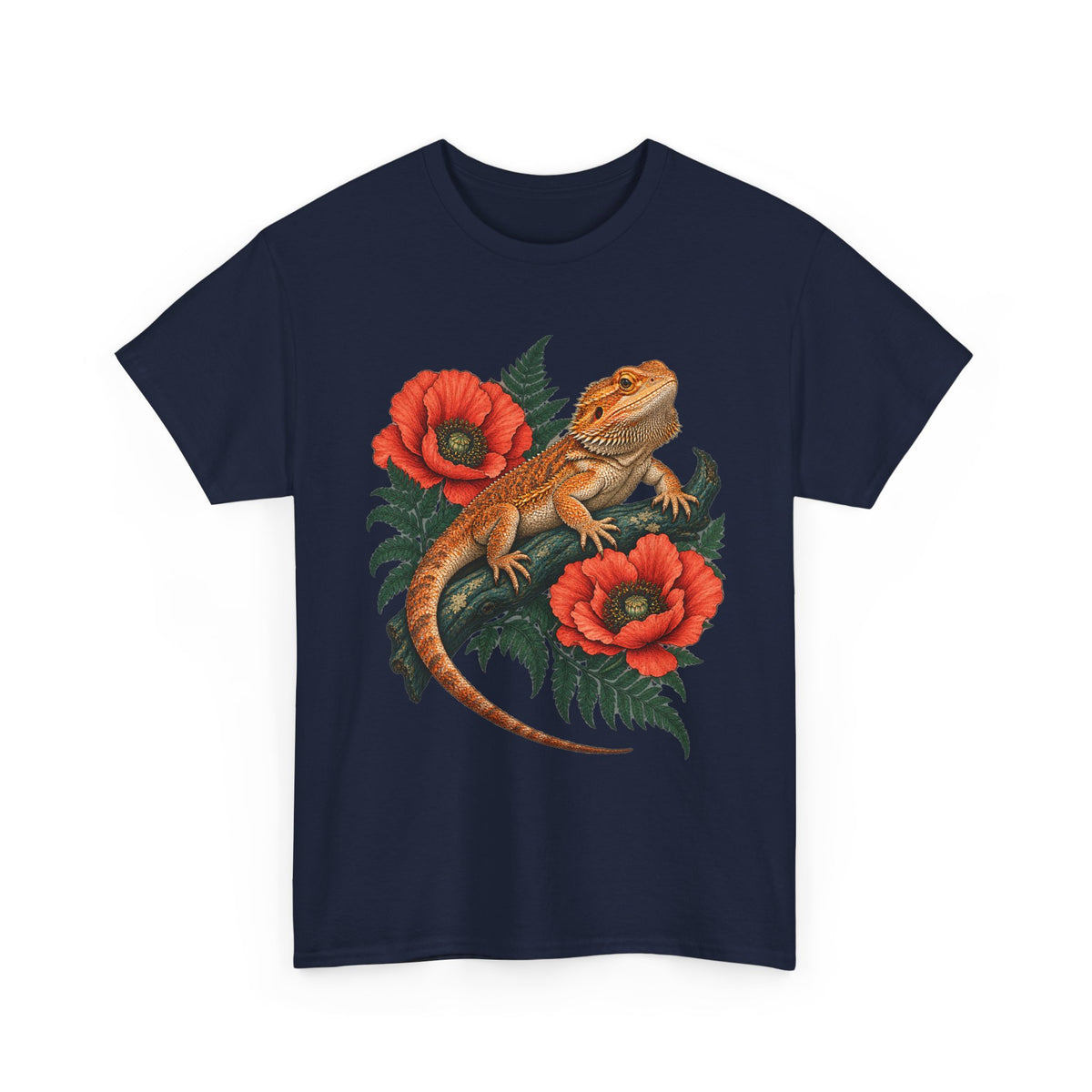 Bearded Dragon Red Poppies T-Shirt Botanical Lizard Floral Tee